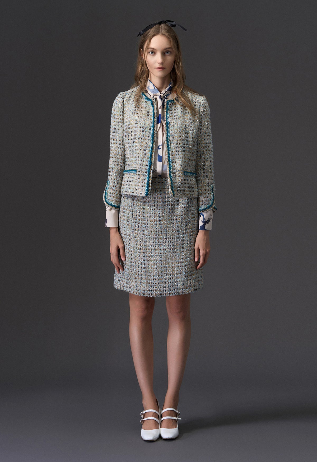 Earth Tone Blue And Gold Detailing Tweed Jacket - MOISELLE