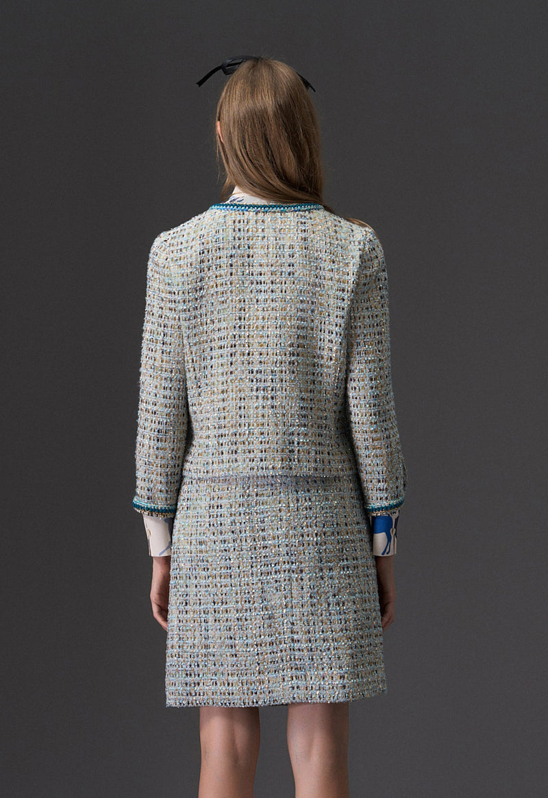 Earth Tone Blue And Gold Detailing Tweed Jacket - MOISELLE