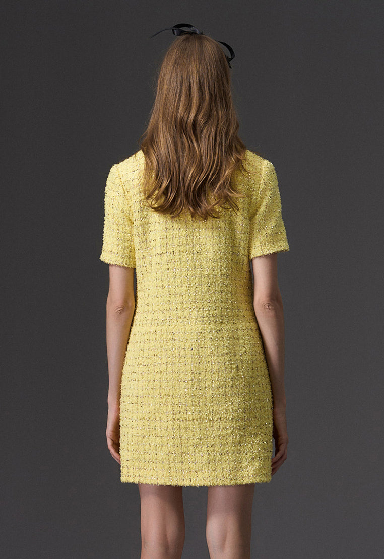 Yellow Short Sleeve Zip Up Front Tweed Dress - MOISELLE