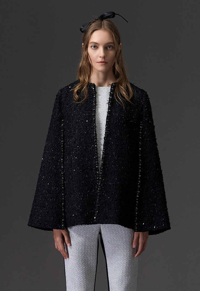 Black Rhinestone Embellished Tweed Cape - MOISELLE