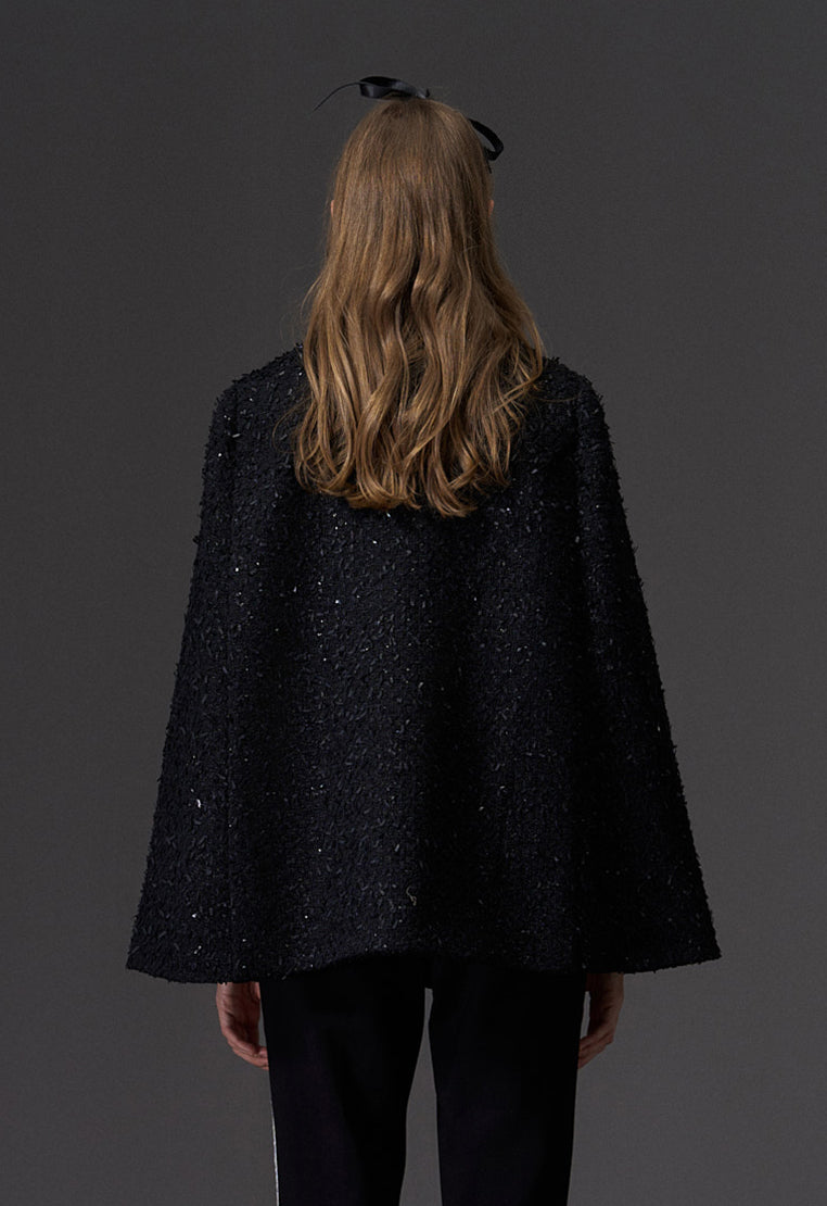 Black Rhinestone Embellished Tweed Cape - MOISELLE