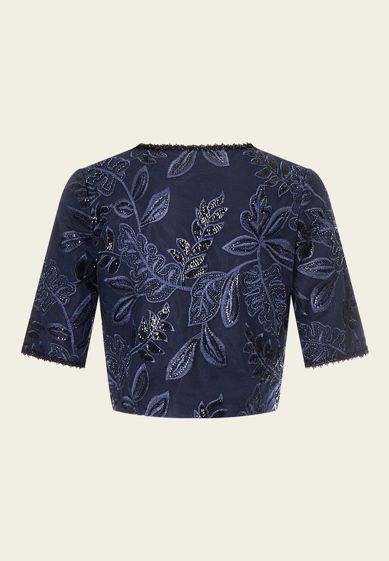 Dark Blue Embroidered Mesh Mid-sleeves Crop Jacket - MOISELLE