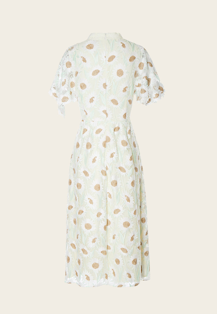 Chamomile Mix Lace Stand Collar Cocktail Dress - MOISELLE