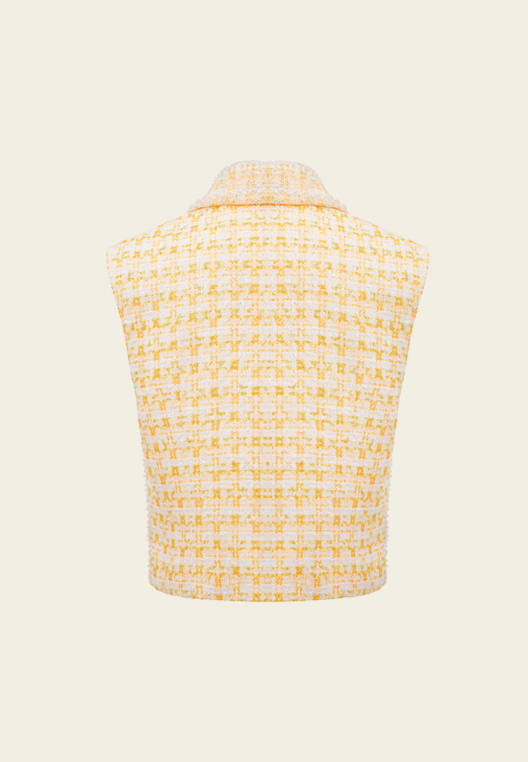 Yellow Plaid Tweed Lapel Vest - MOISELLE