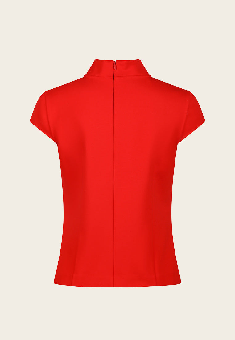 Red Mandarin Collar Cap Sleeve Top - MOISELLE