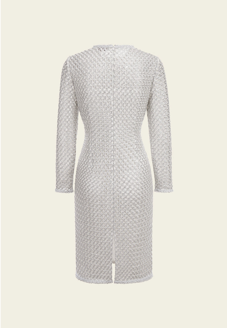 Elegant Silver Lace Long-sleeved Midi Dress - MOISELLE