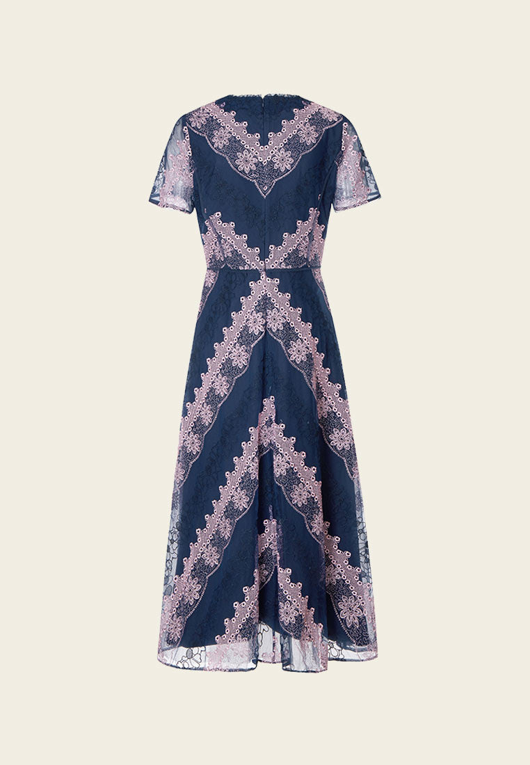 Blue Embroidered Lace Short-sleeved Mesh Dress - MOISELLE