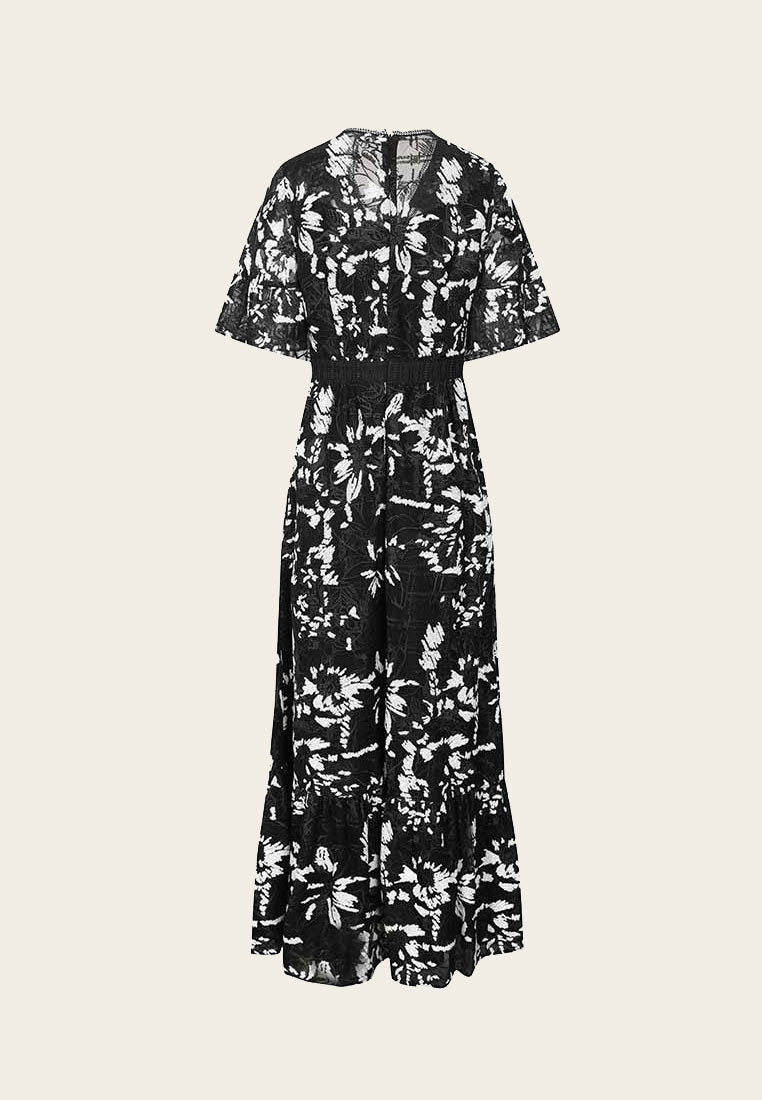 Black Floral Embroidered and Sequined Maxi Dress - MOISELLE