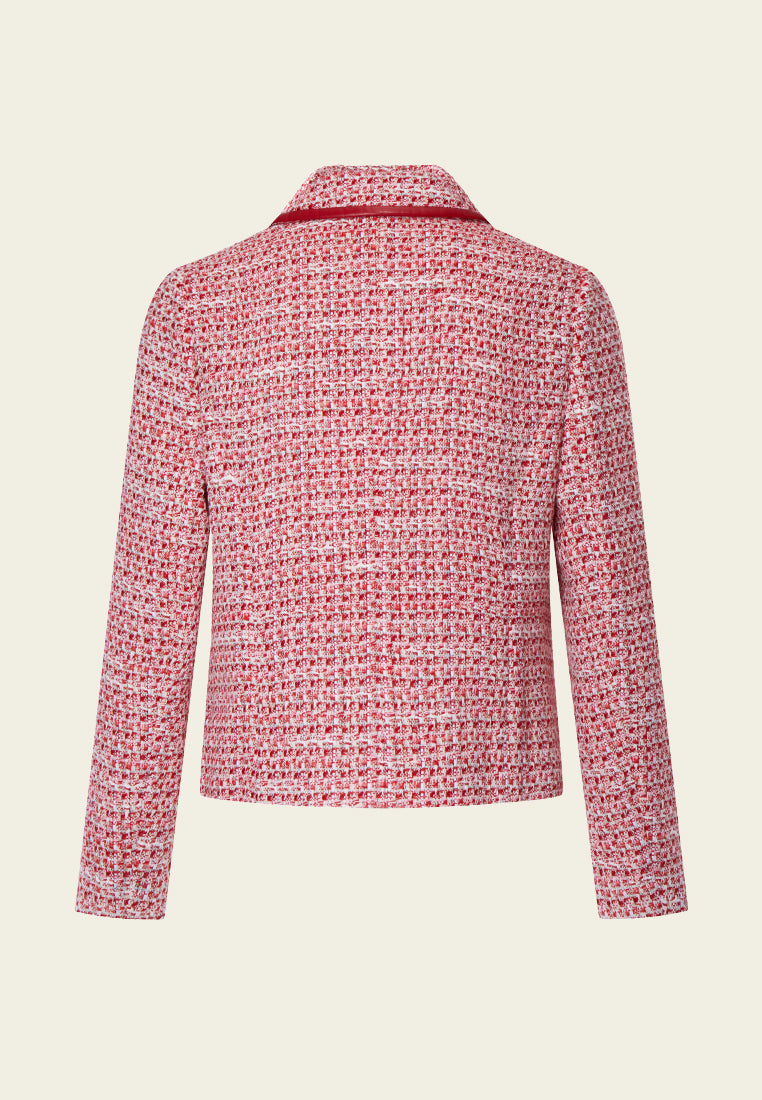 Red Leather-trimmed Collar Tweed Jacket - MOISELLE
