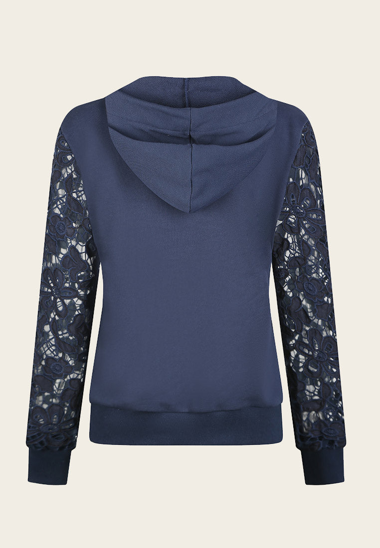 Elodie Navy Lace-embroidered Hoodie - MOISELLE