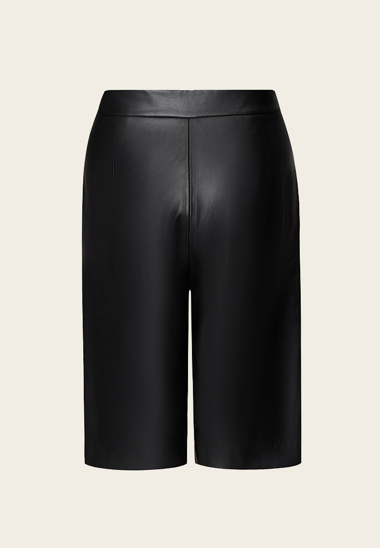 Black Vegan Leather Knee Length Shorts - MOISELLE