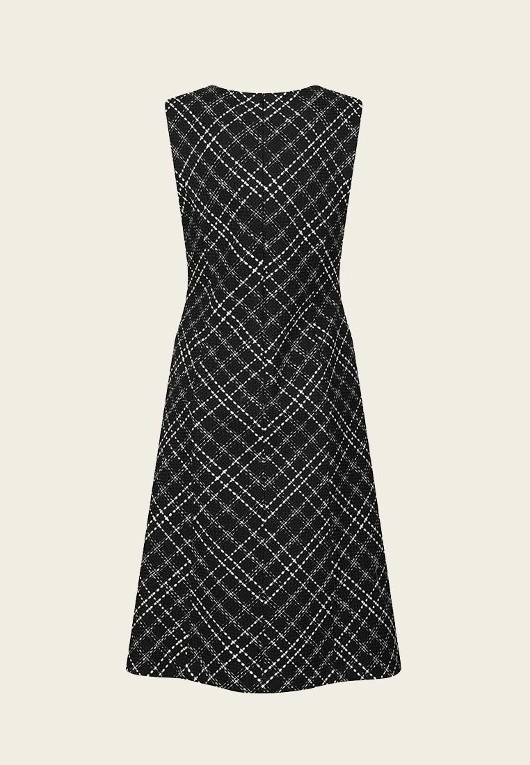 Black Plaid Sleeveless Tweed Dress - MOISELLE