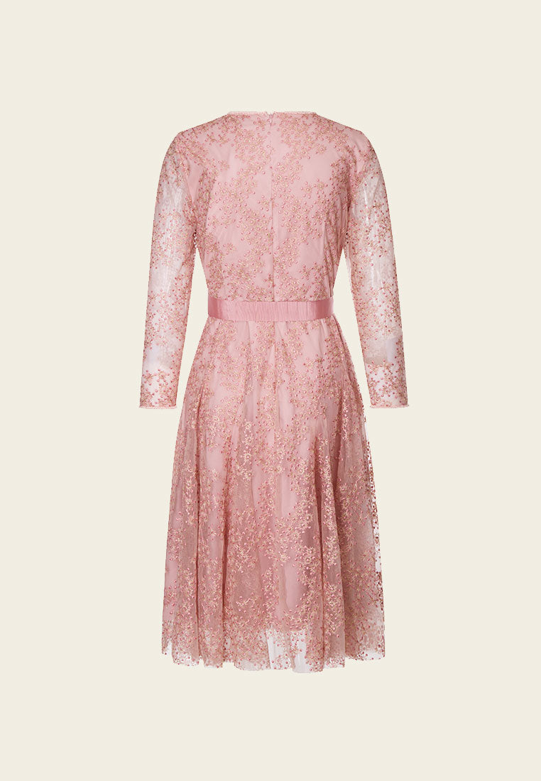 Pink Embroidered Mesh Cocktail Dress - MOISELLE