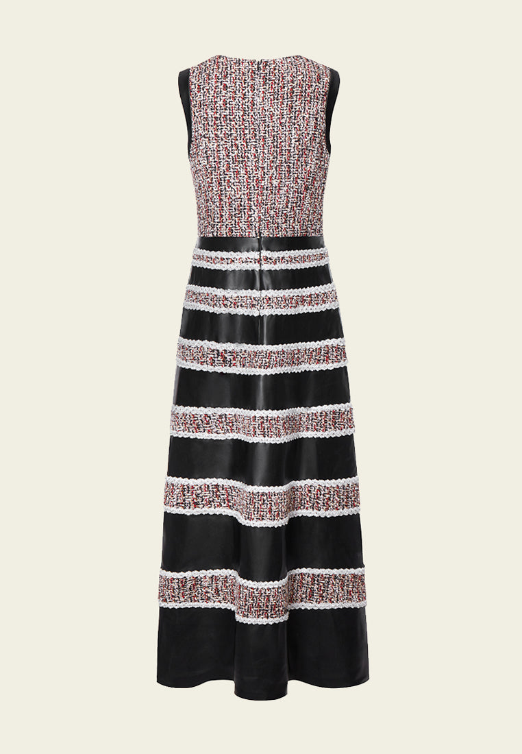 Tweed-Leather Striped Sleeveless Maxi Dress - MOISELLE