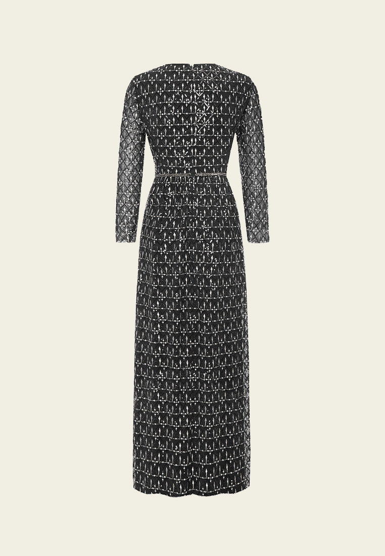 Black V-neck Embroidered Mesh Evening Dress - MOISELLE