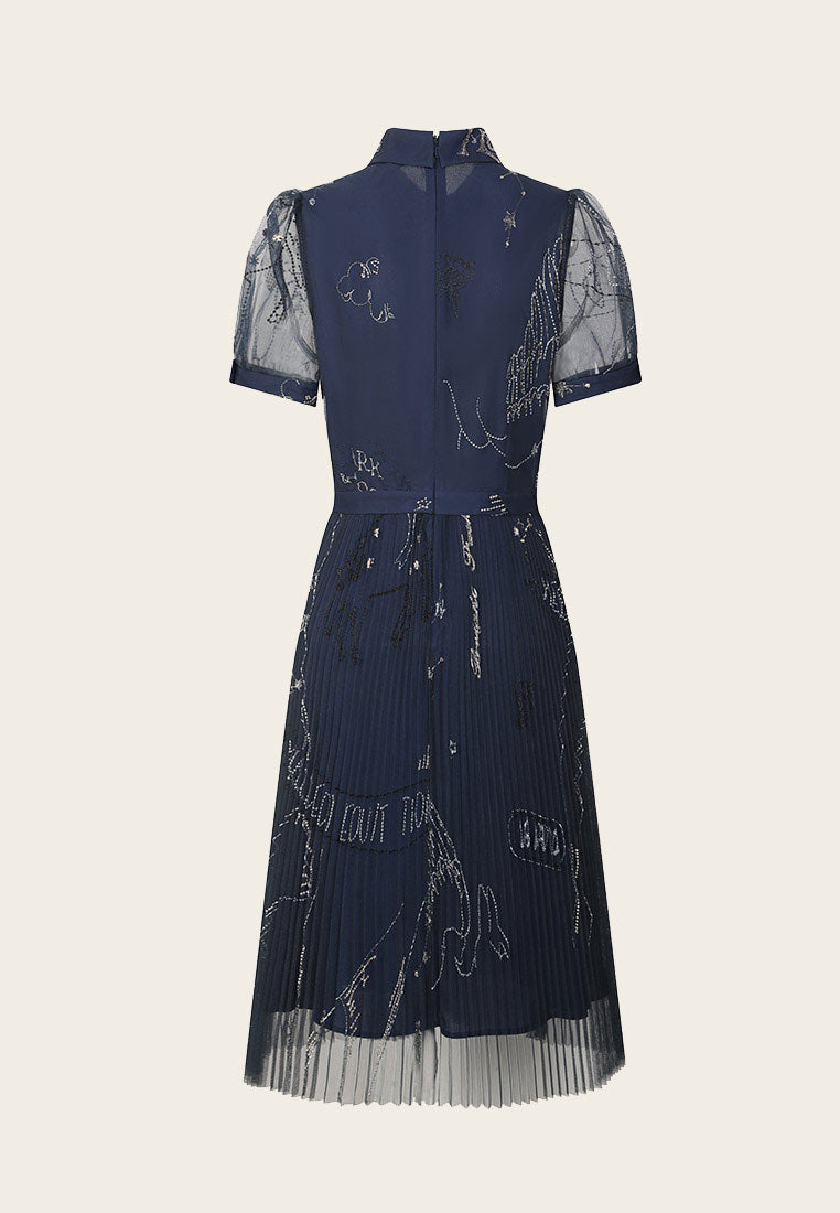 Layered Dark Blue Embroidered Organza Cocktail Dress - MOISELLE