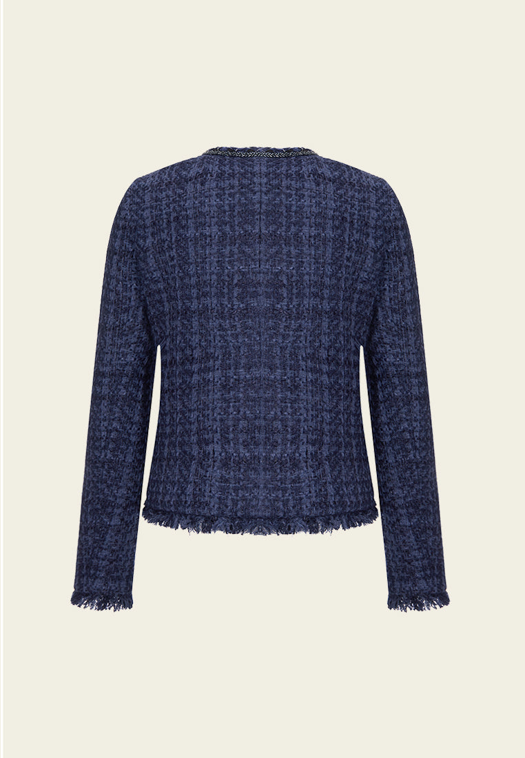 Dark Blue Asymmetric Tweed Jacket - MOISELLE