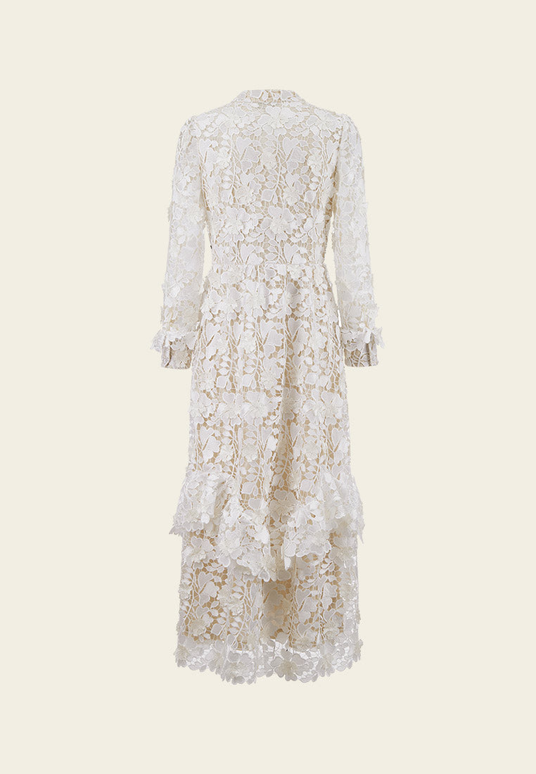 V Neck Black Detailing Jacquard White Lace Dress - MOISELLE