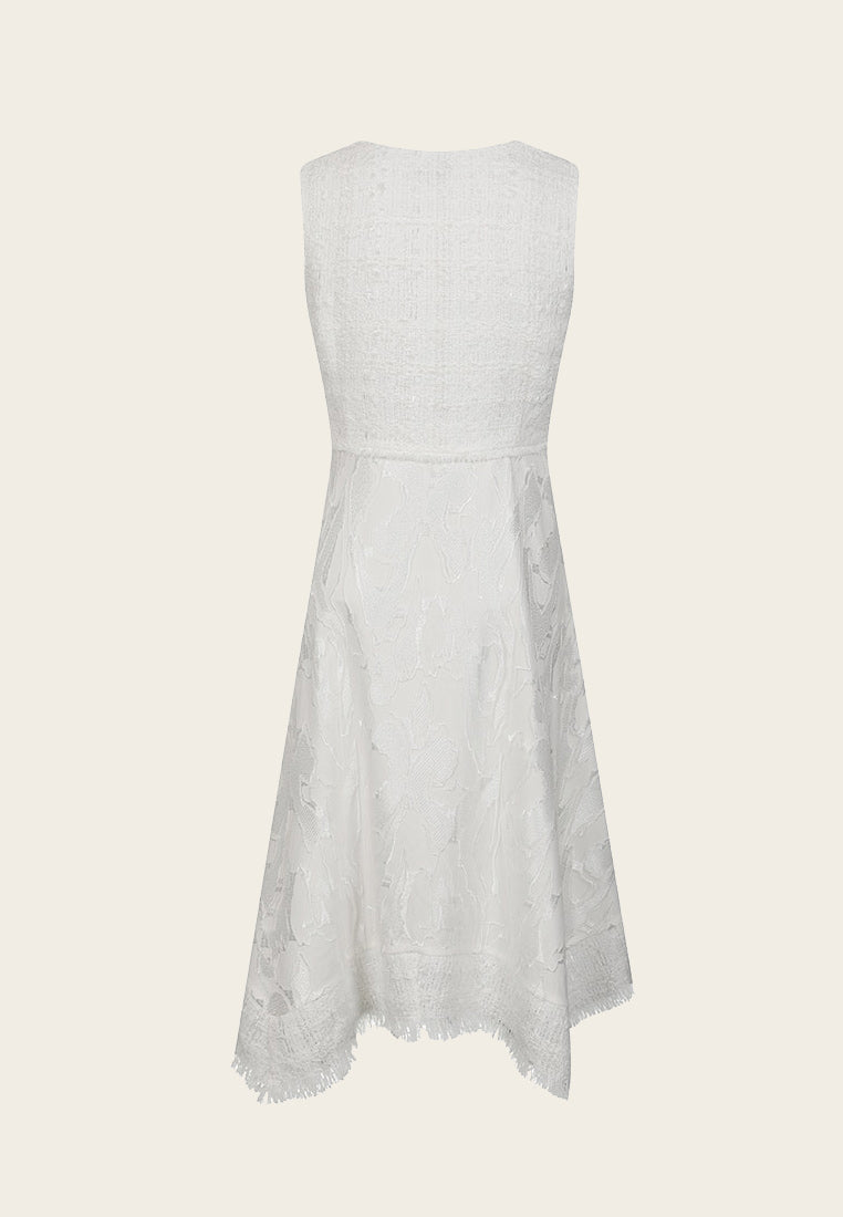 White Lace and Jacquard Mesh Dress - MOISELLE