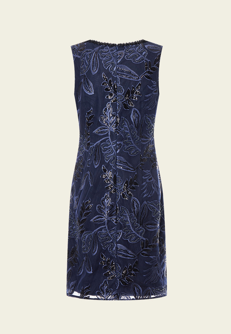 Dark Blue Embroidered Mesh Sleeveless Dress - MOISELLE