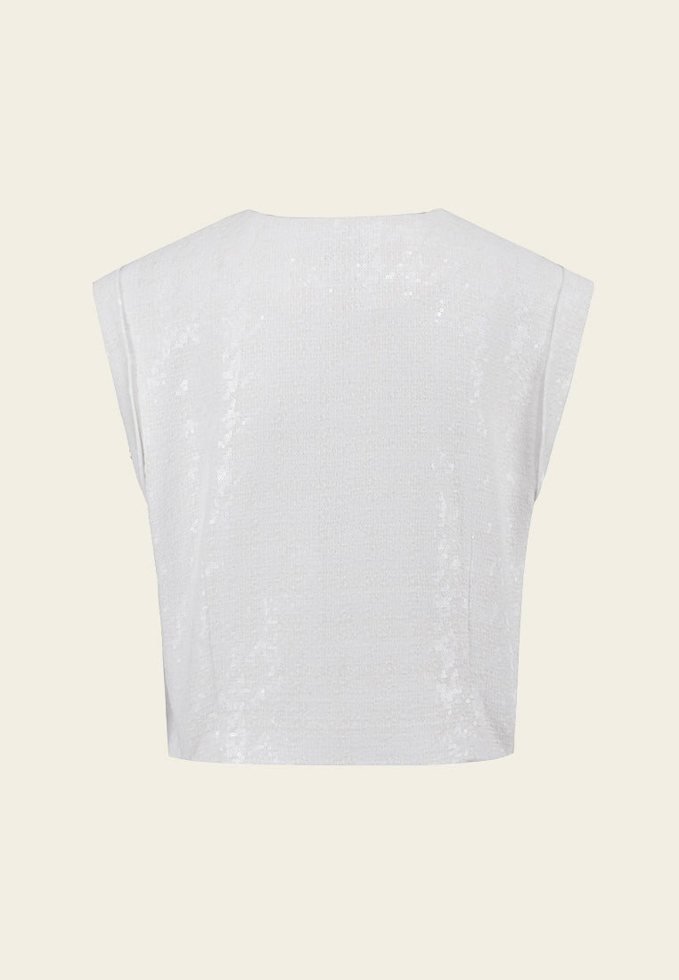 White Sequins Cap-sleeved Tweed Vest - MOISELLE