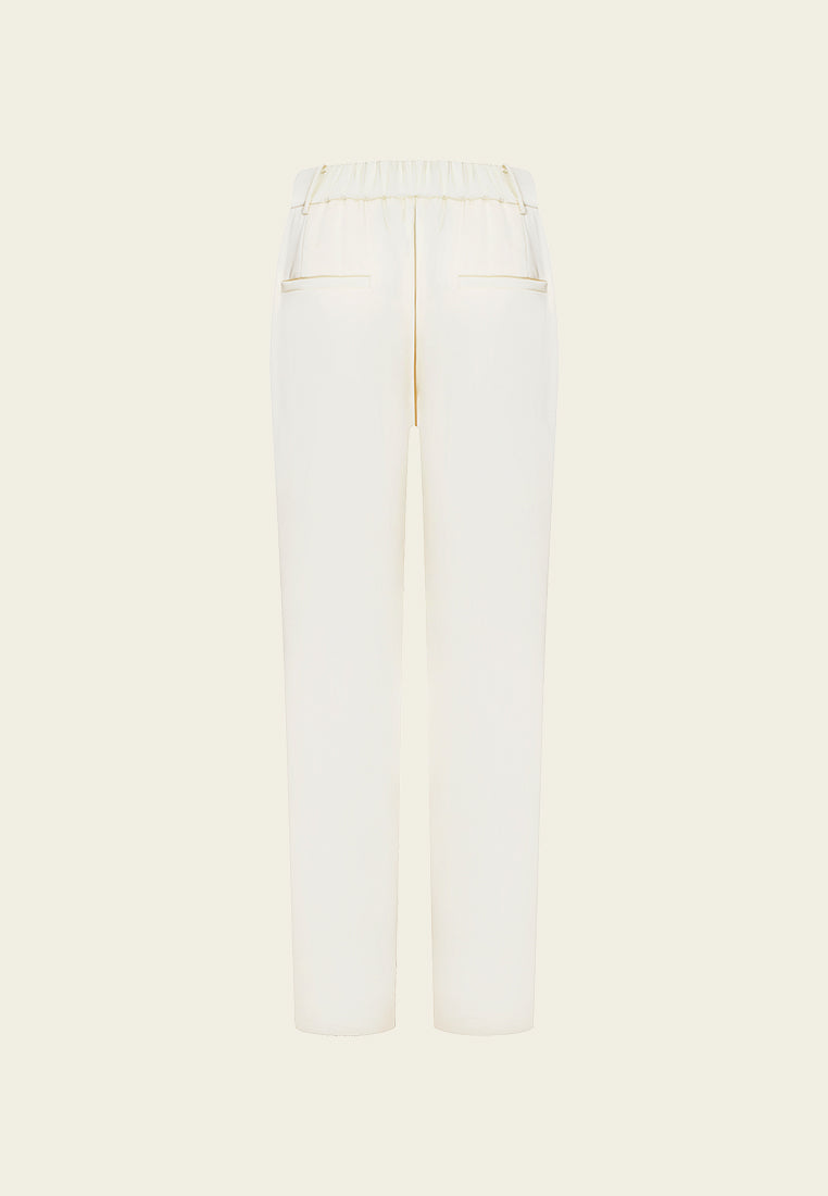 White Sheen Striaght-leg Tailored Pants with Elastic Back