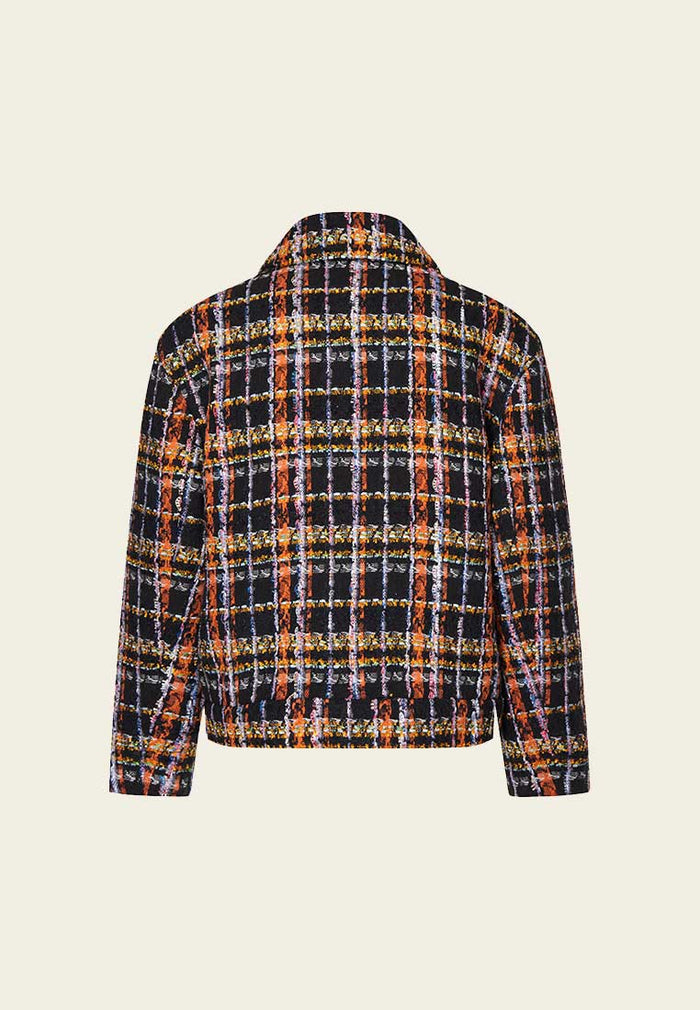 Orange Plaid Tweed Short Jacket with Collar - MOISELLE