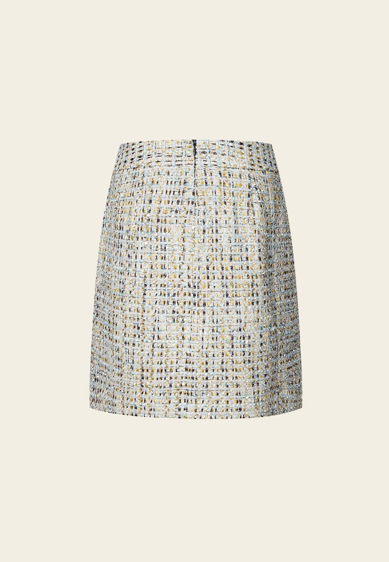 Earth Tone Blue And Gold Detailing Tweed Skirt - MOISELLE