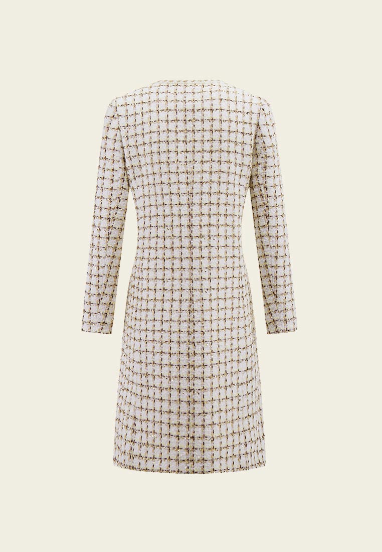 Check White Tweed Thigh Length Coat - MOISELLE