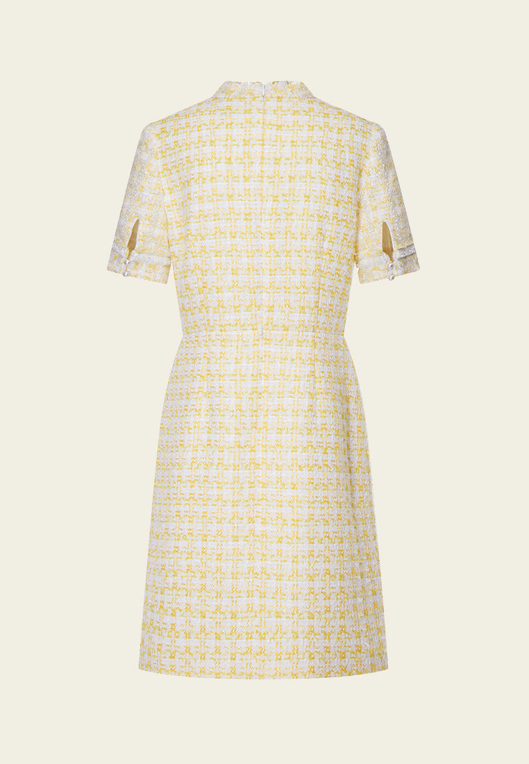 Yellow Signature Stand Collar Tweed Dress - MOISELLE