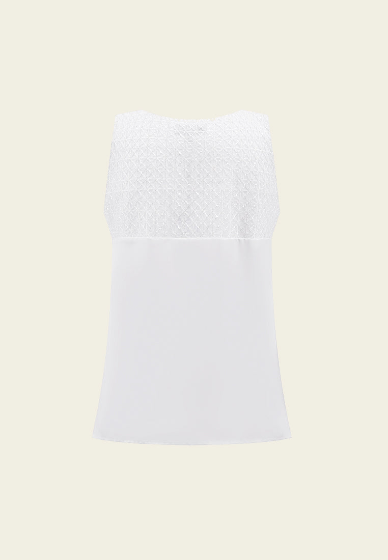 White Sleeveless Square-neck Patchwork Top - MOISELLE