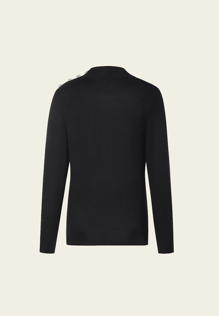 Black Wool High Neck Sweater with Buttons - MOISELLE