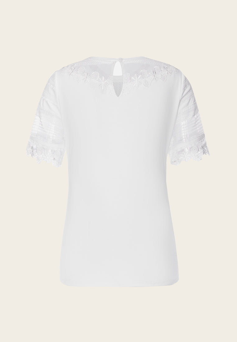 Mesh Mix Lace Detailing White T-shirt - MOISELLE