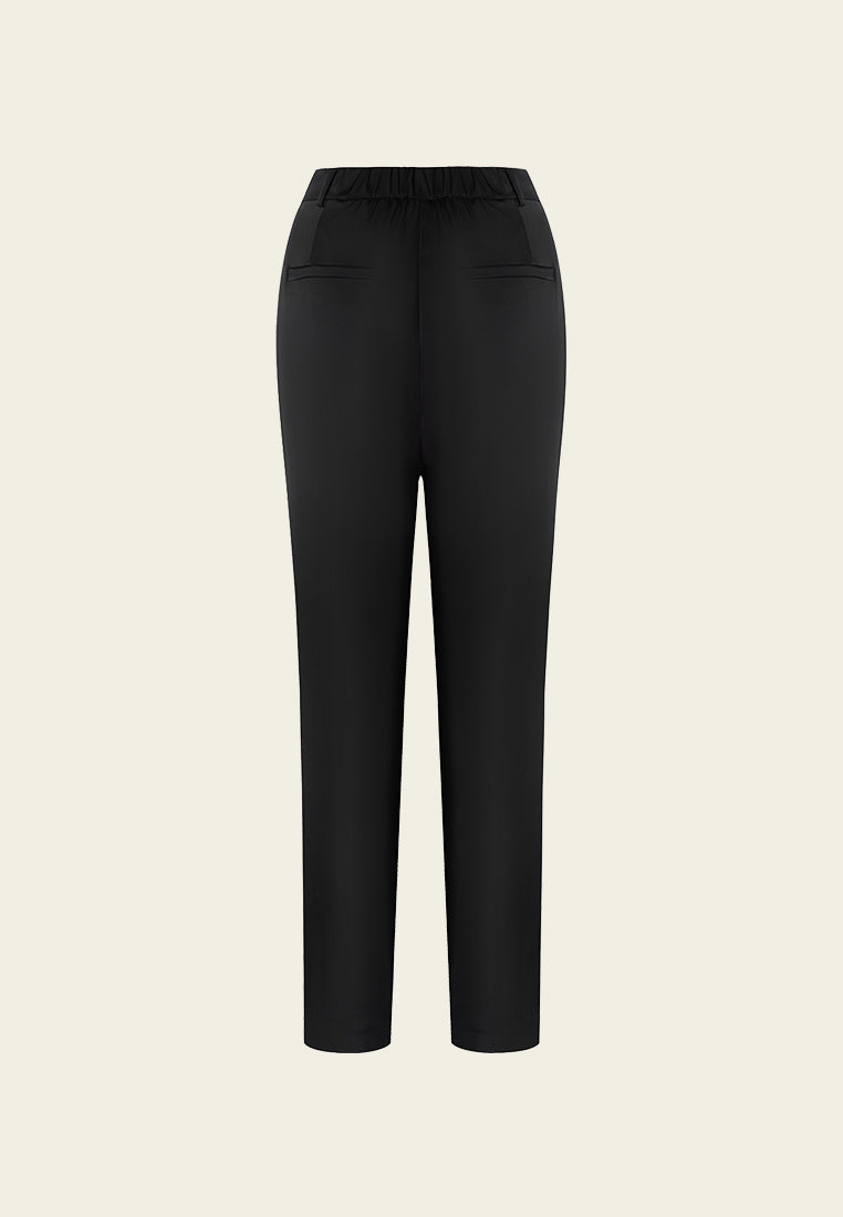 Black Sheen Straight-leg Tailored Pants with Elastic Back