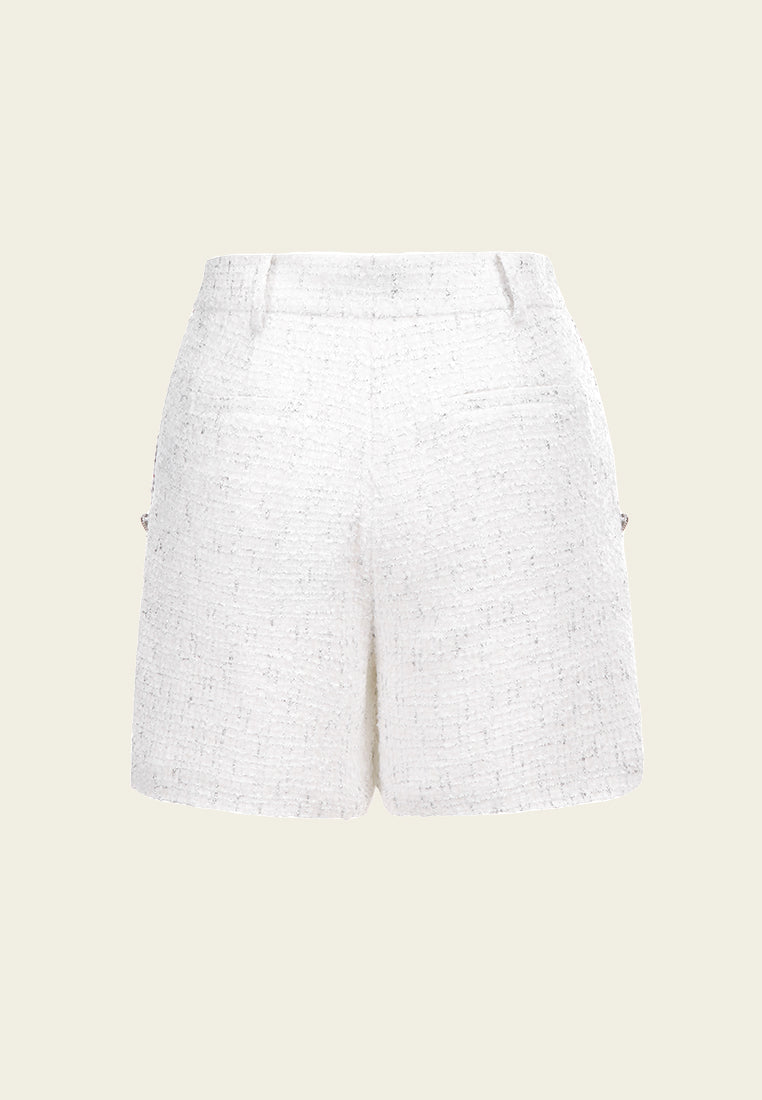 White Lurex Tweed Embellished Shorts