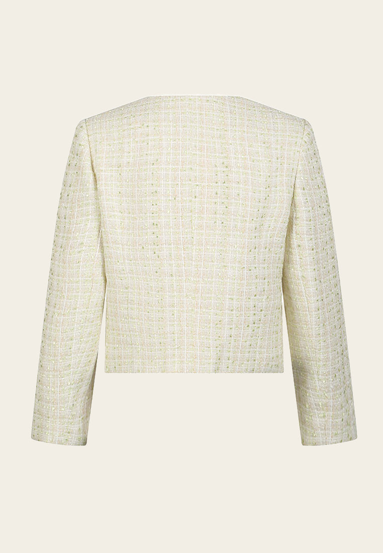 Light Green Buttonless Floral Embellished Long Sleeve Tweed Jacket - MOISELLE