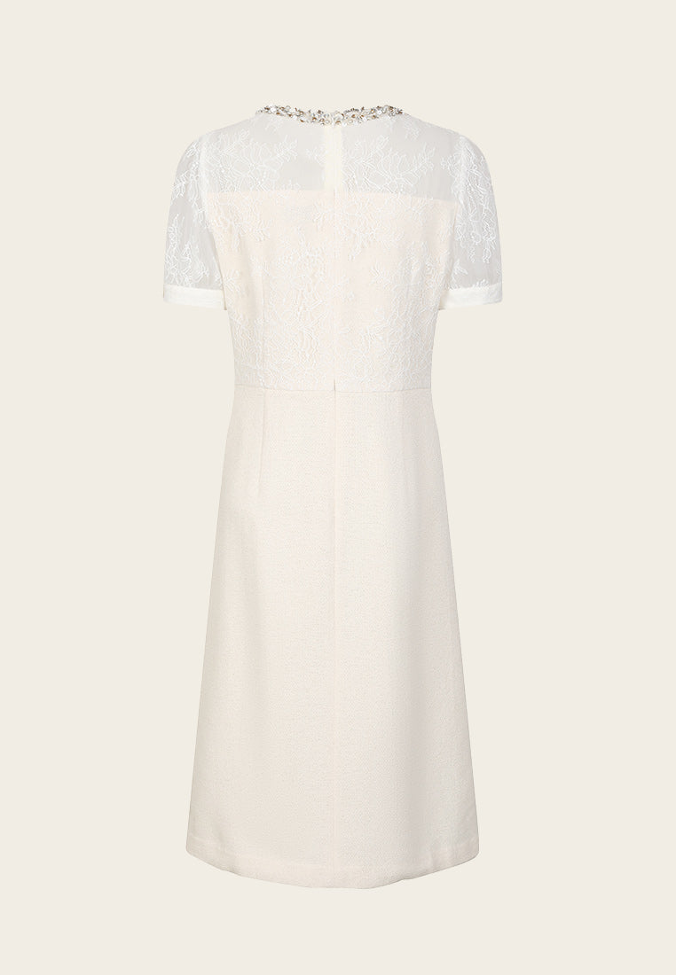 Adrienne Light Cream Lace A-line Tweed Dress - MOISELLE