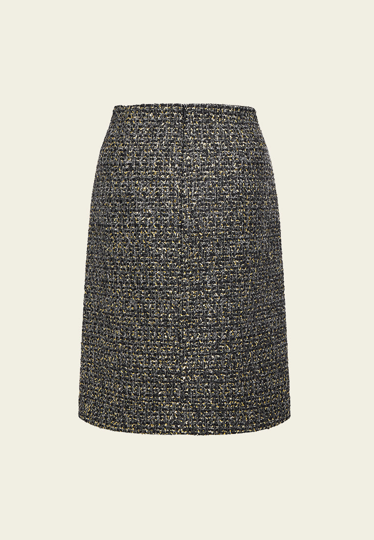 Black Lurex Tweed Front Slit Midi Skirt - MOISELLE