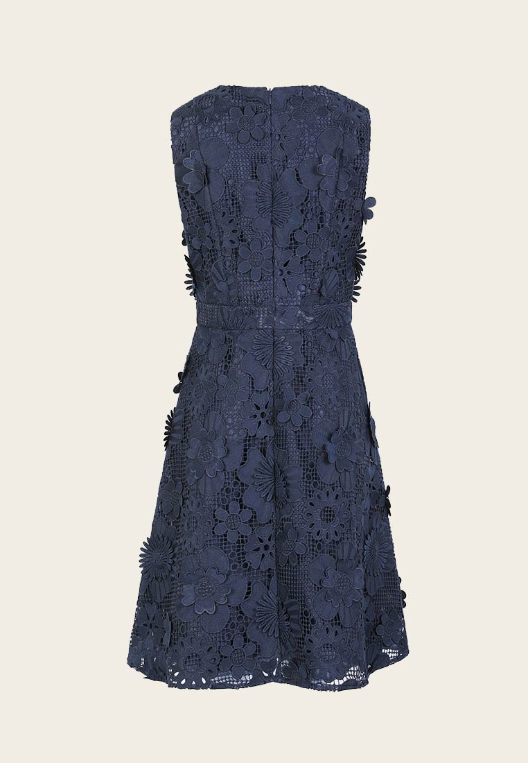 Dark Blue Floral Lace Cocktail Dress - MOISELLE