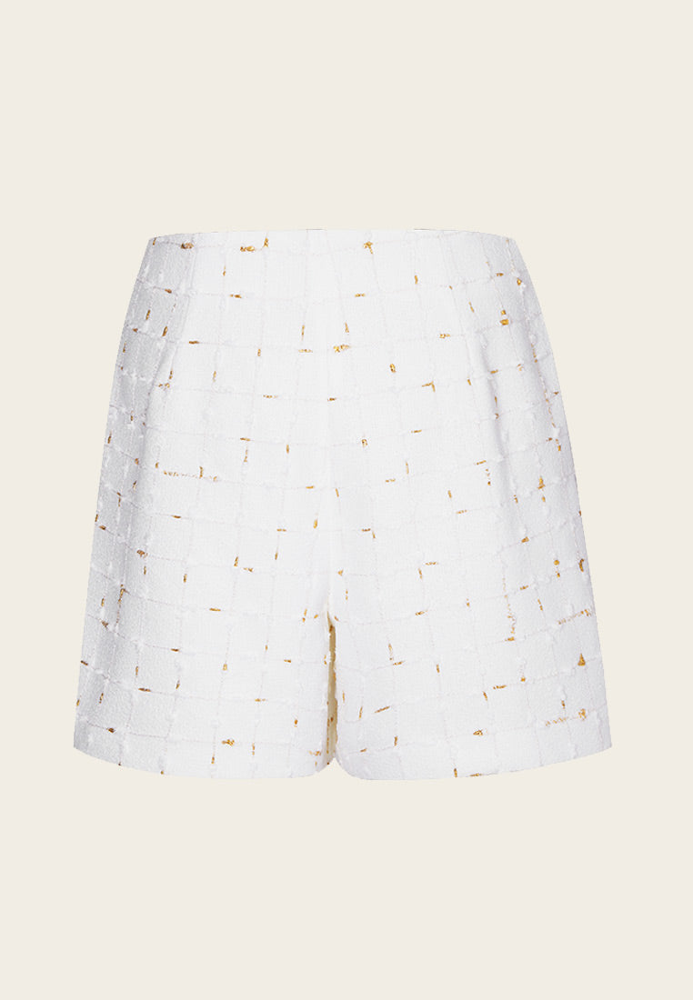 Golden Detail White Tweed Shorts - MOISELLE
