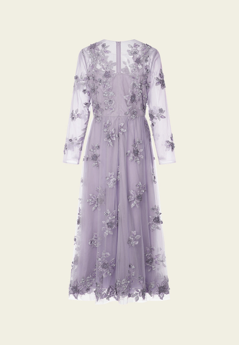 Purple 3D Floral Embellished Dinner Dress - MOISELLE