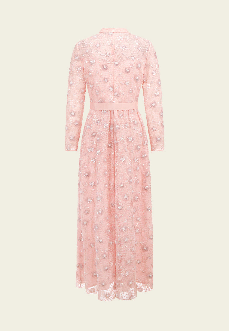 Pink Embroidered Lace Long-sleeved Dinner Dress - MOISELLE