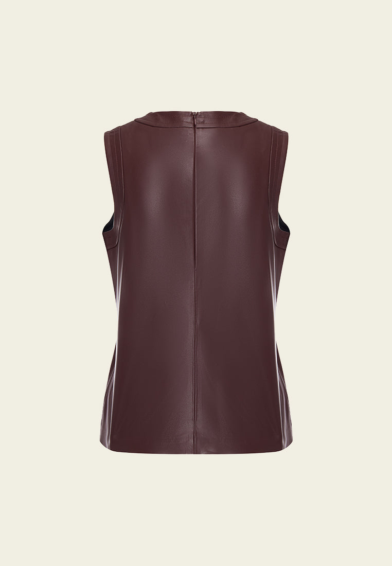 Dark Red Vegan Leather Sleeveless Top - MOISELLE