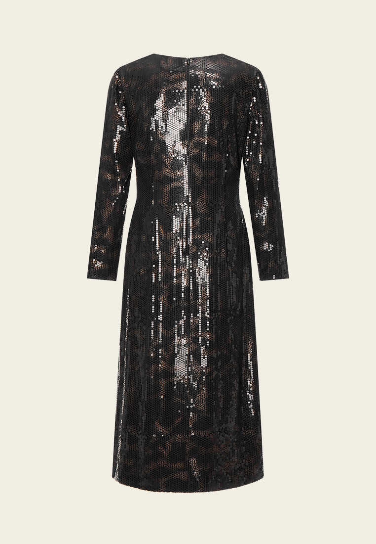 Black V-neck Sequin Long-sleeved Dress - MOISELLE