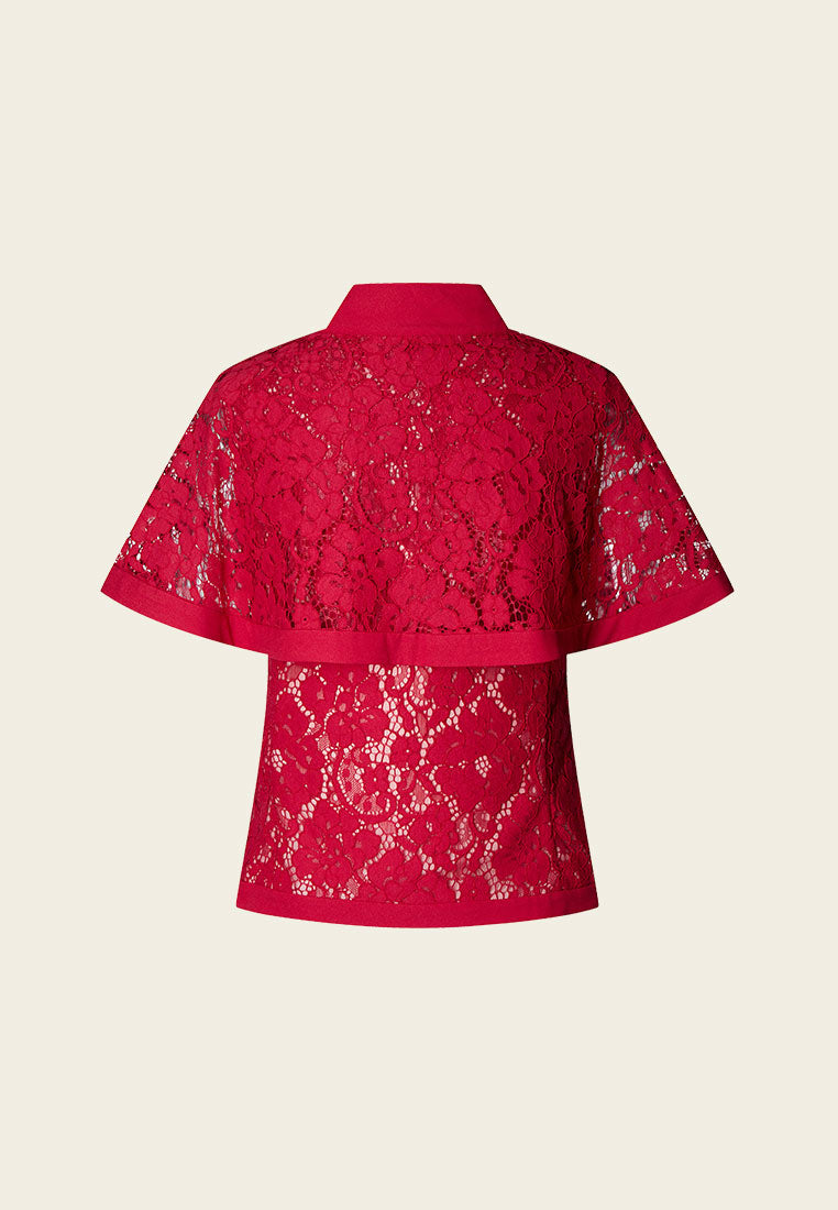 Red Jacquard Lace Cape Top - MOISELLE