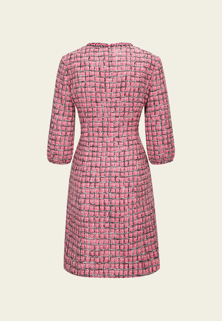 Pink Puff Sleeve Tweed Midi Dress - MOISELLE