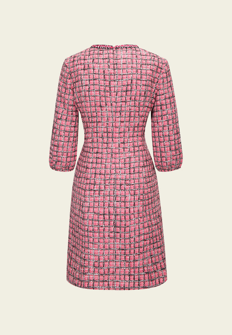 MOISELLE Pink Puff Sleeve Tweed Midi Dress MOISELLE Pink Puff Sleeve Tweed Midi Dress