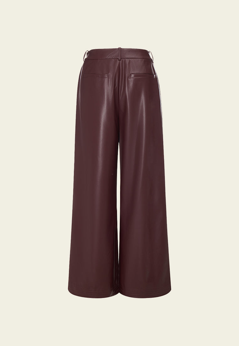 Dark Red Vegan Leather Wide Leg Pants - MOISELLE