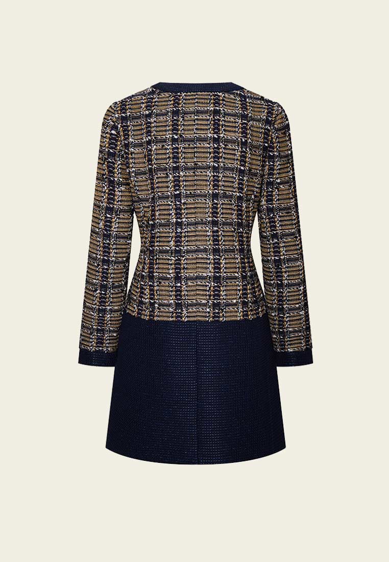 Patchwork Yellow and Dark Blue Tweed Coat - MOISELLE