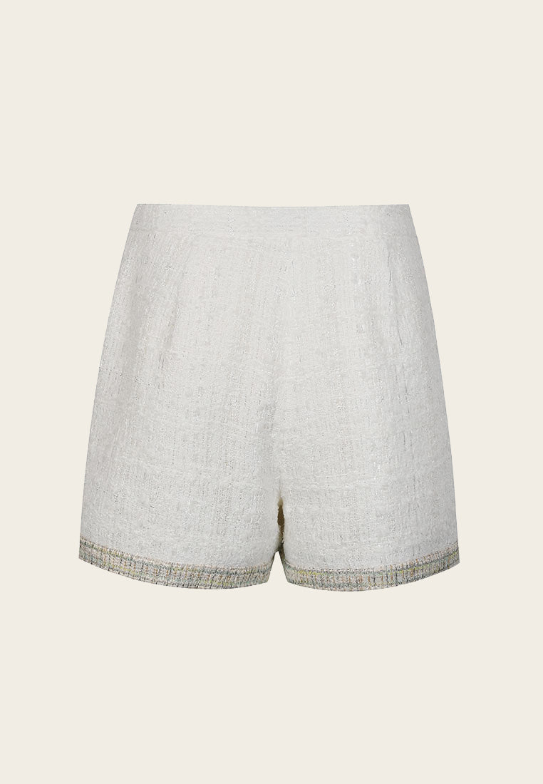 High-waist Mix-green Lining White Tweed Shorts - MOISELLE